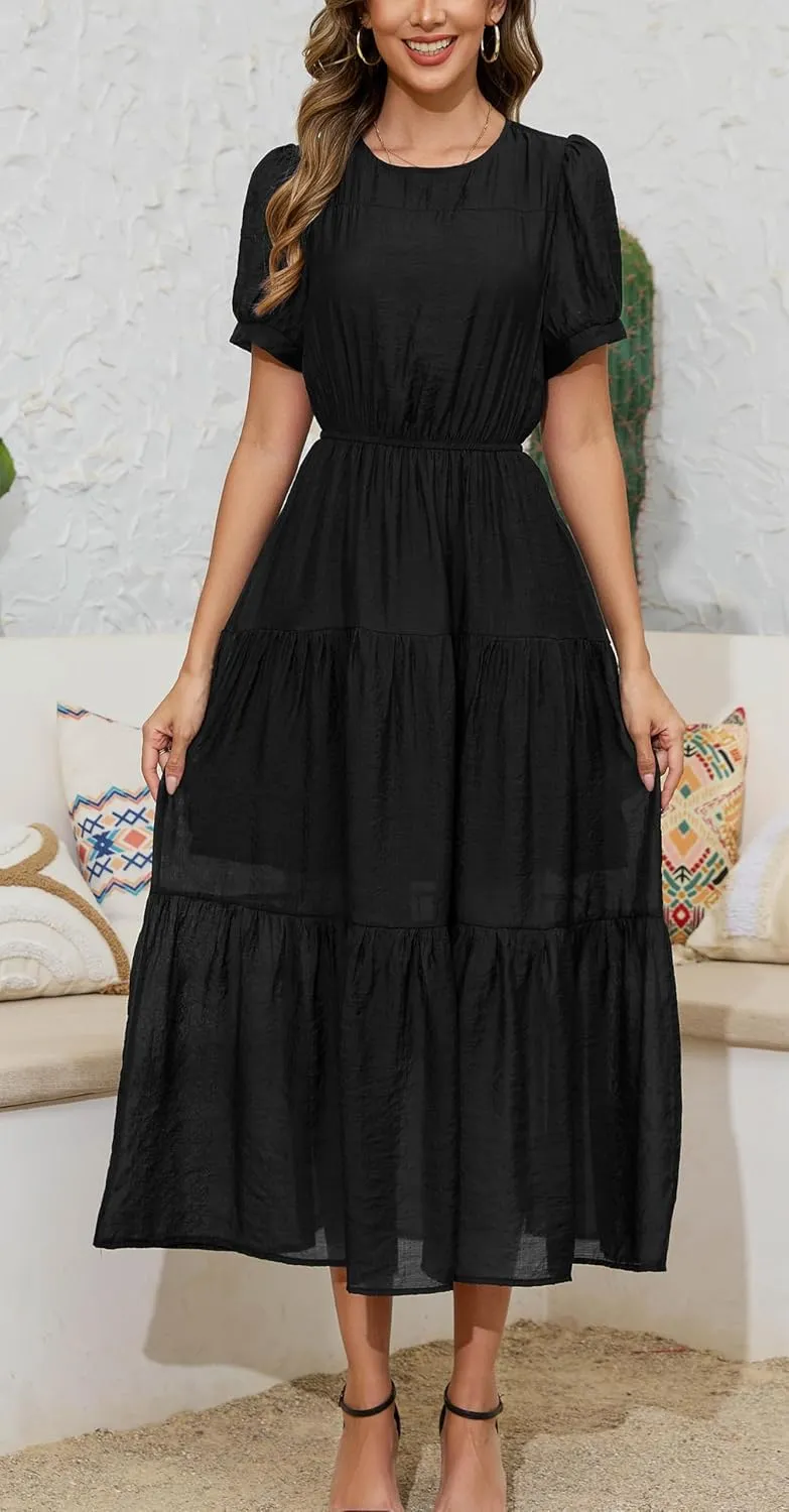 Kormei Women's Summer Casual Short Sleeve Round Neck Eastic Waist Tiered Boho Plain Beach Flowy Maxi Dress