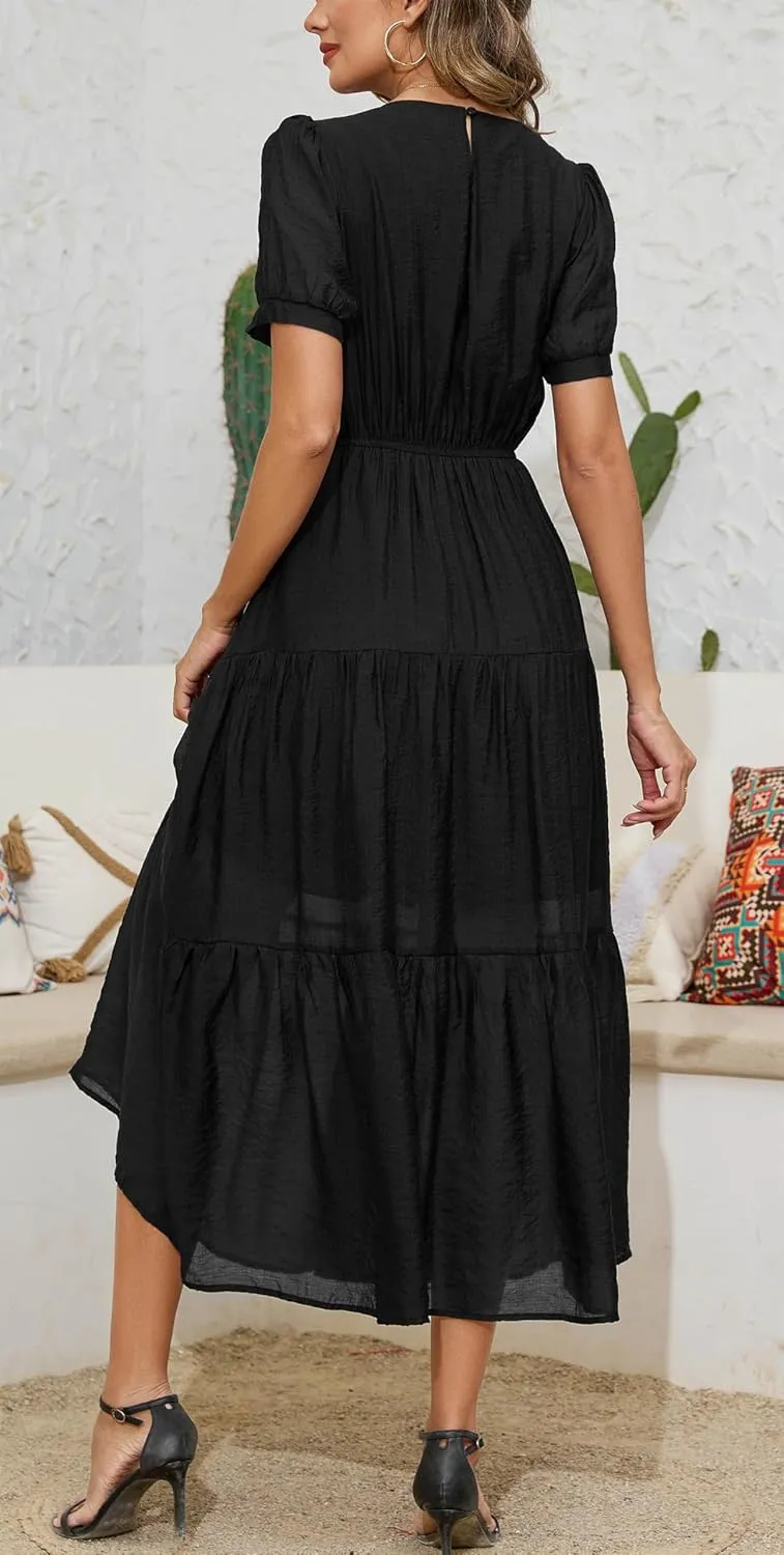 Kormei Women's Summer Casual Short Sleeve Round Neck Eastic Waist Tiered Boho Plain Beach Flowy Maxi Dress