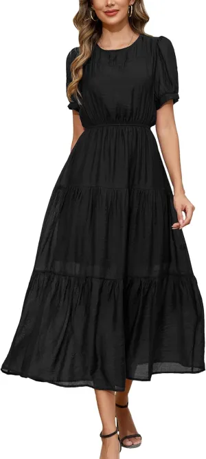 Kormei Women's Summer Casual Short Sleeve Round Neck Eastic Waist Tiered Boho Plain Beach Flowy Maxi Dress