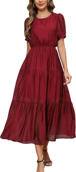 Kormei Women's Summer Casual Short Sleeve Round Neck Eastic Waist Tiered Boho Plain Beach Flowy Maxi Dress
