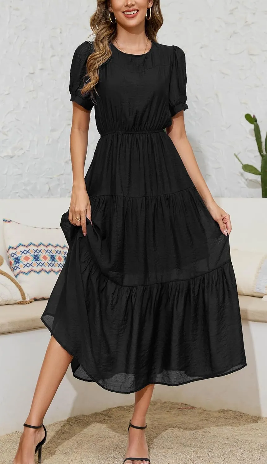 Kormei Women's Summer Casual Short Sleeve Round Neck Eastic Waist Tiered Boho Plain Beach Flowy Maxi Dress