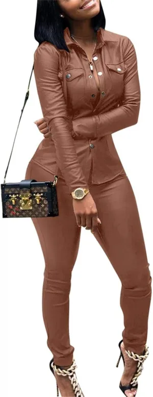 ksotutm Women 2 Piece Outfits Button Pocket Lapel Jacket Top And High Waist Leather Pencil Pants Set