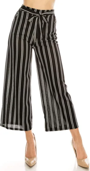 LA12ST Women High Waist Casual Self Tie Stripe Wide Leg Palazzo Pants Trousers
