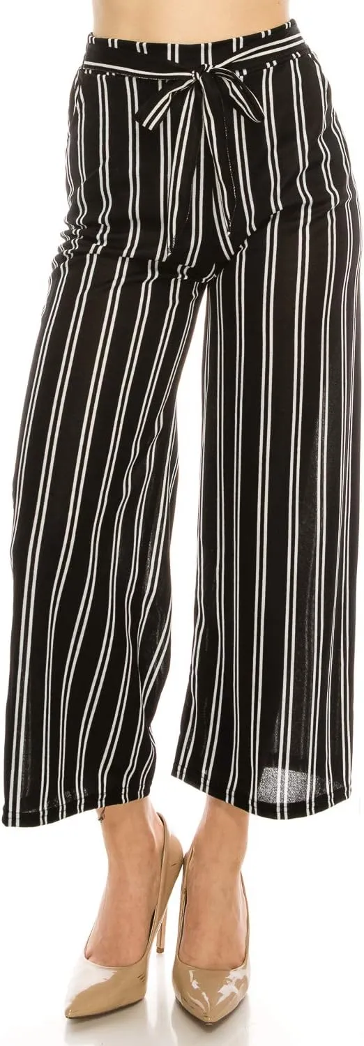 LA12ST Women High Waist Casual Self Tie Stripe Wide Leg Palazzo Pants Trousers