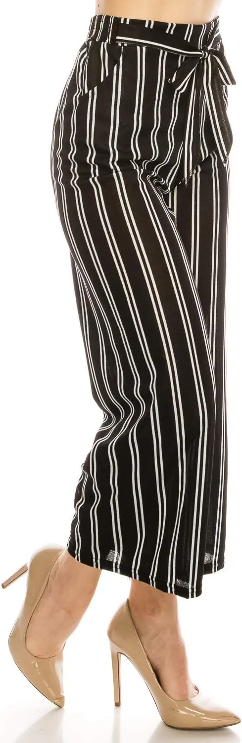 LA12ST Women High Waist Casual Self Tie Stripe Wide Leg Palazzo Pants Trousers