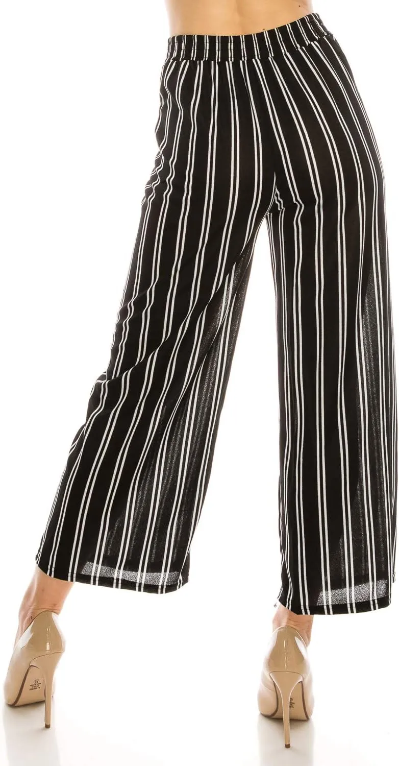 LA12ST Women High Waist Casual Self Tie Stripe Wide Leg Palazzo Pants Trousers