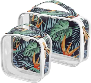 Leaves-tropical-pattern 2 Pack Clear Toiletry Bag Women Men, Portable Waterproof Clear Pouch, Cosmetic Bag with Double Zippers Large Opening Traveling with Handle for Bathroom Traveling Vacation Organ