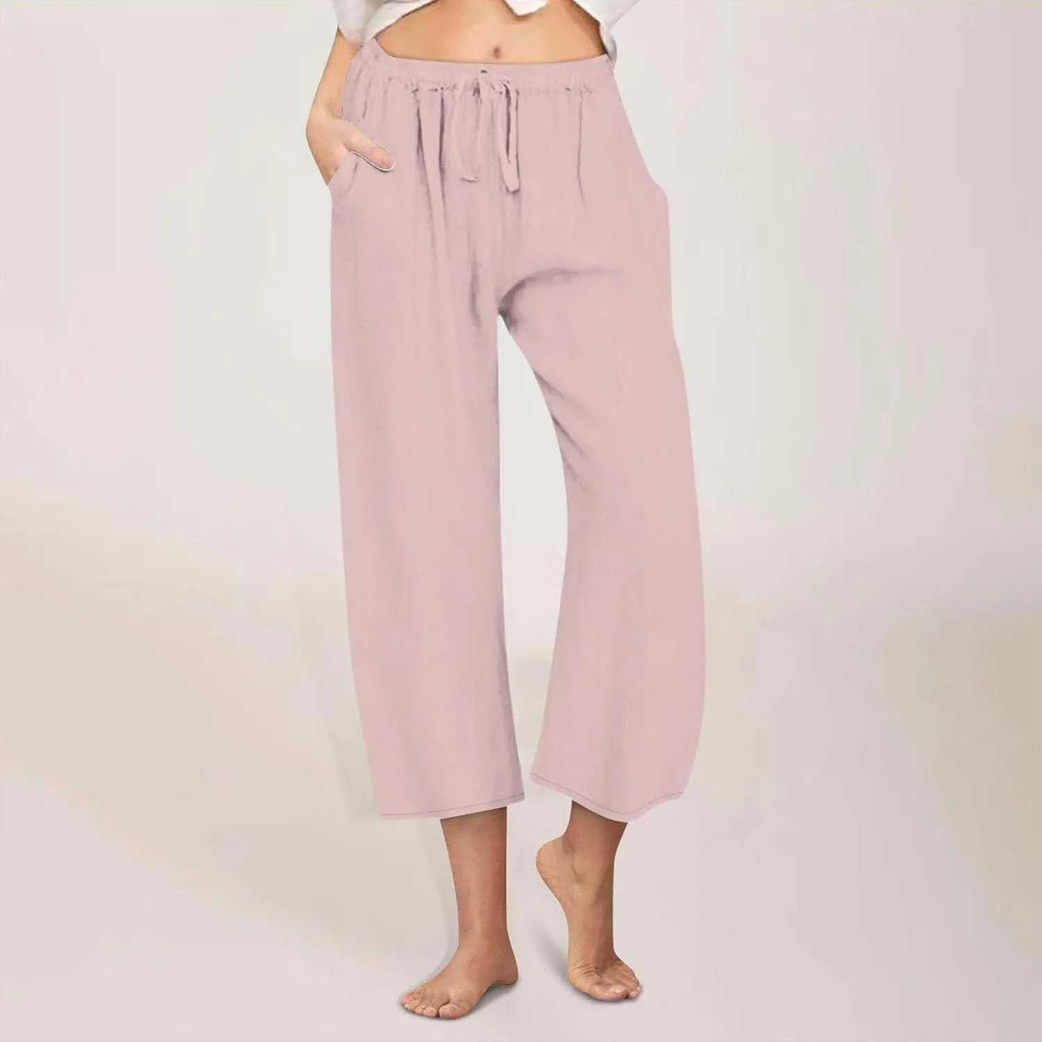 Linen Pants Women Summer Boho Mid Rise Palazzo Trousers Casual Cotton Solid Going Out Beach Clothes with Pockets