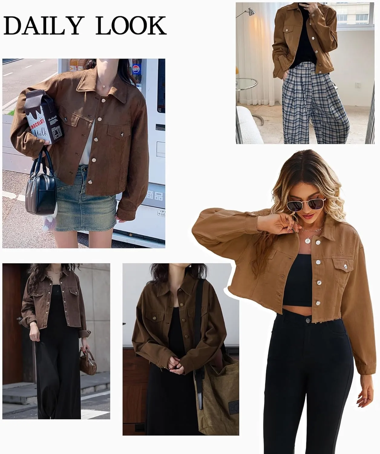 LONGYIDA Women's Cropped Denim Jacket | Distressed Button-Down Jean Jacket | Long Sleeve Ripped & Frayed Blue Coat