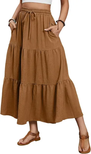 Lyrur Maxi Skirts for Women 2025 Summer Elastic High Waist A-Line Flowy 3-Layer Tiered Ruffle Long Skirt with Pockets