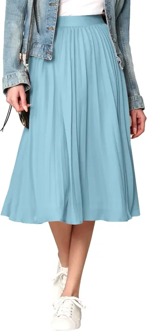 Made By Johnny Women's High Elastic Waist Pleated Mid A-Line Swing Skirt