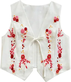 MakeMeChic Women's Floral Embroidery Vest V Neck Bow Tie Front Sleeveless Crop Jacket
