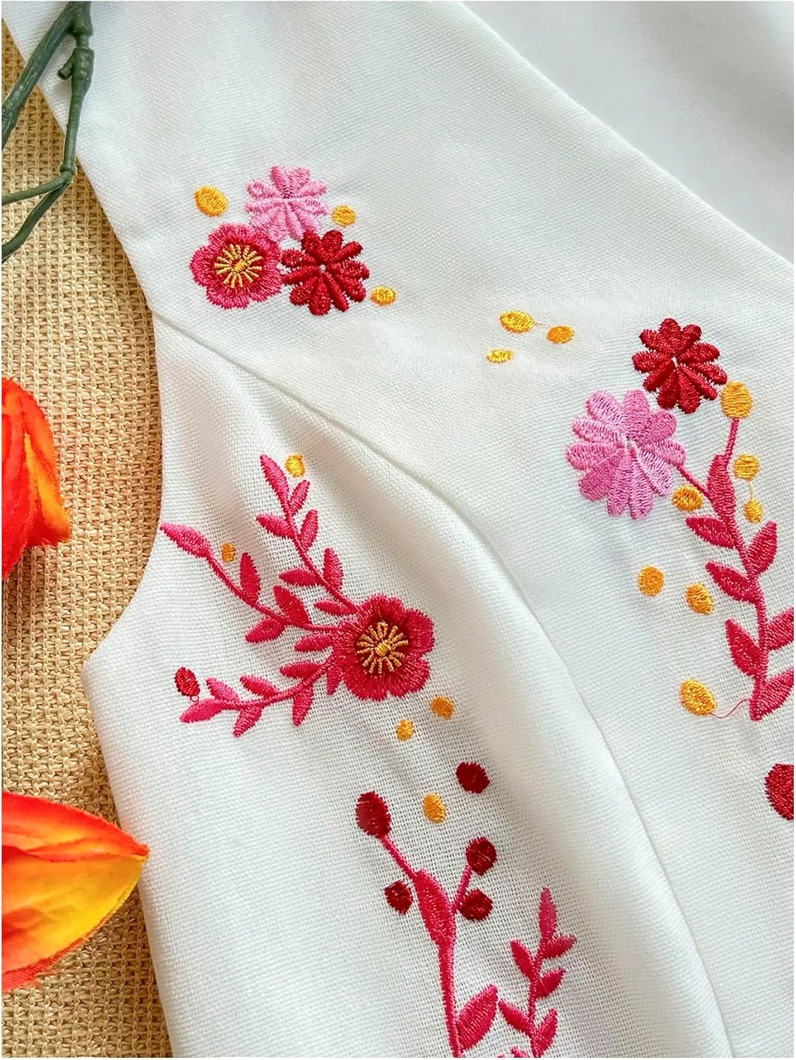 MakeMeChic Women's Floral Embroidery Vest V Neck Bow Tie Front Sleeveless Crop Jacket