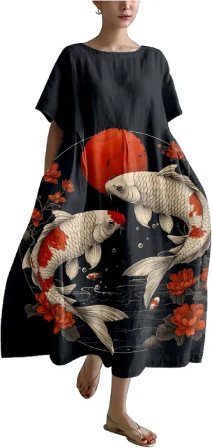 MARSVOVO Japanese Art Dress for Women Vintage Fish Print Short Sleeve Loose Causal Plus Size Summer Dress for Women