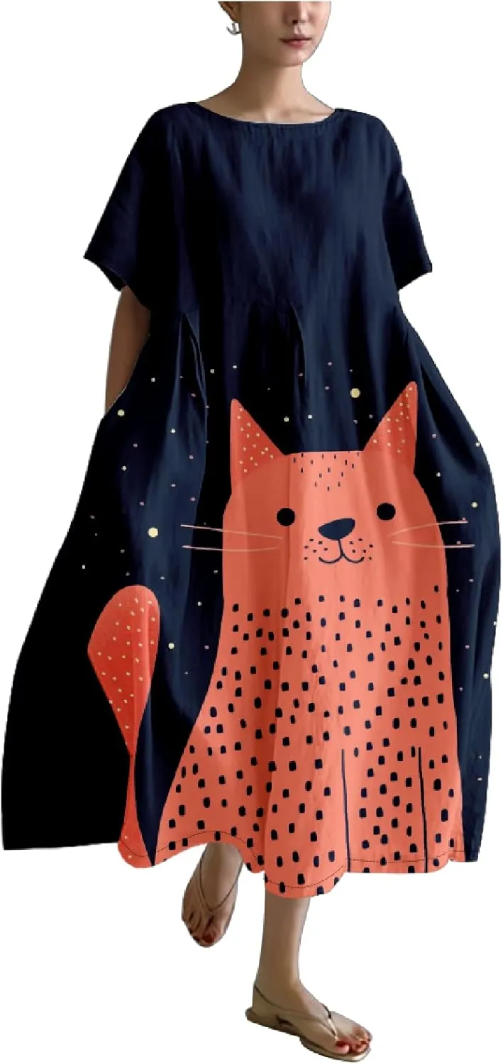 MARSVOVO Summer Dress for Women Funny Cat Graphic Cute Short Sleeve Maxi Dress Causal Plus Size Party Dress for Women