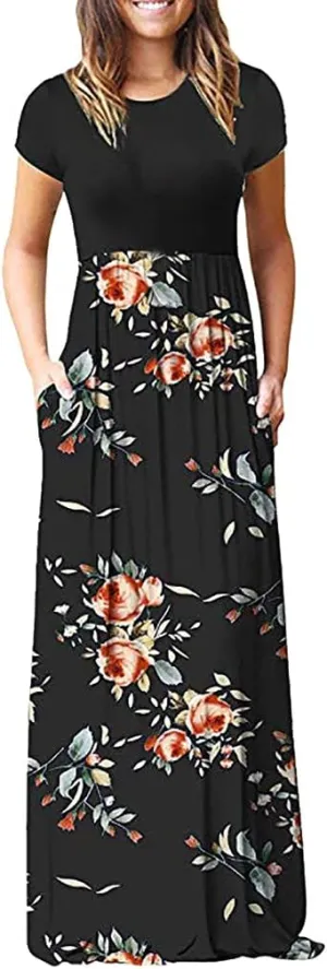 Maxi Dress for Women Plus Size Short Sleeve Loose Plain Casual Long Maxi Dresses Floral Empire Waist Dress with Pockets
