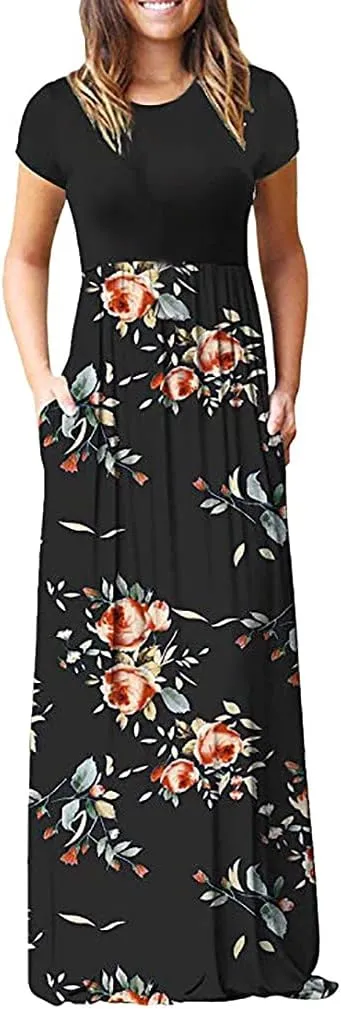 Maxi Dress for Women Plus Size Short Sleeve Loose Plain Casual Long Maxi Dresses Floral Empire Waist Dress with Pockets