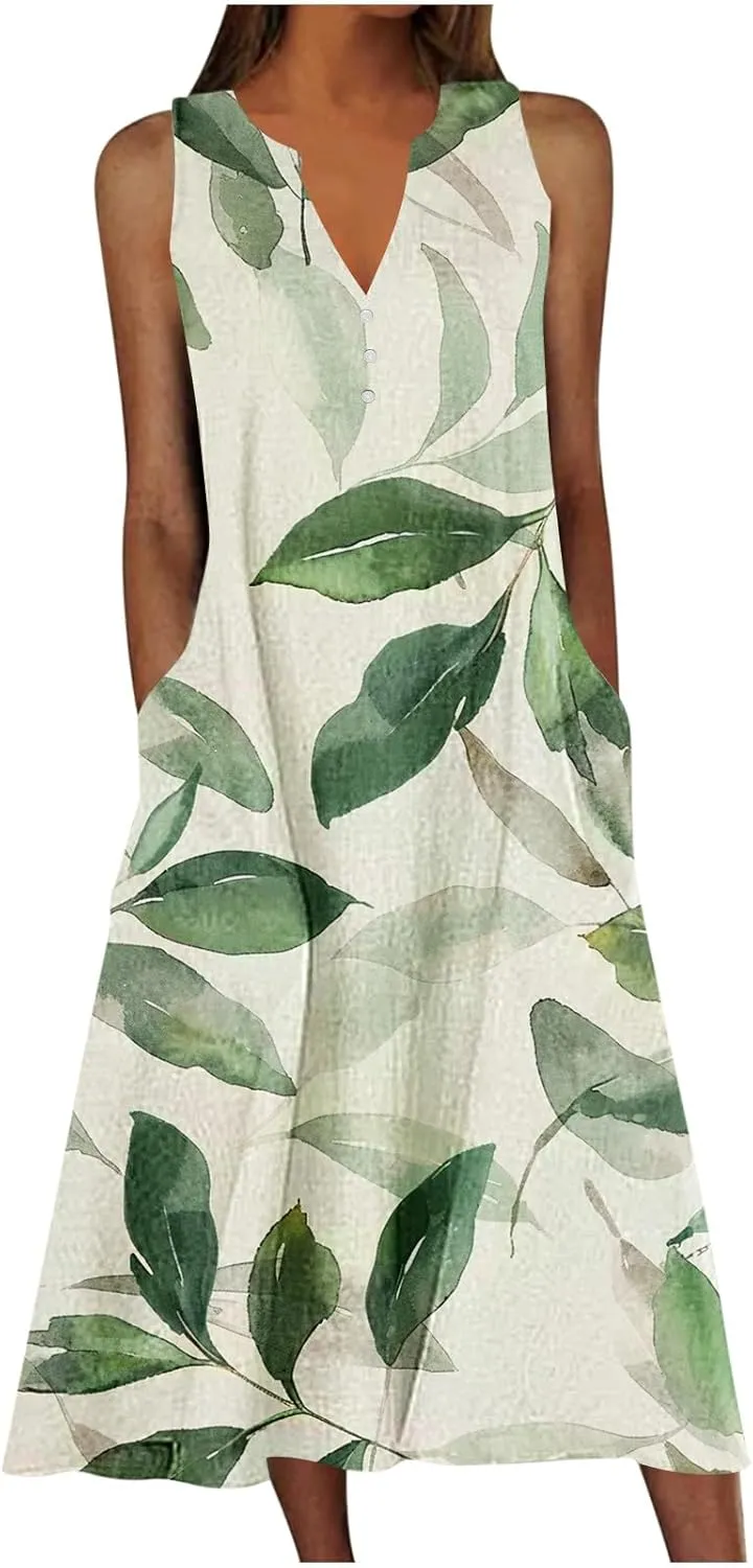 Maxi Dress for Women Plus Size Summer Floral Sleeveless V Neck Sundress Beach Vacation Long Tank Dress with Pockets