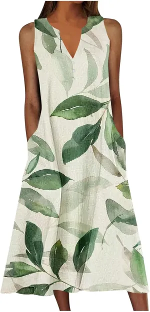 Maxi Dress for Women Plus Size Summer Floral Sleeveless V Neck Sundress Beach Vacation Long Tank Dress with Pockets