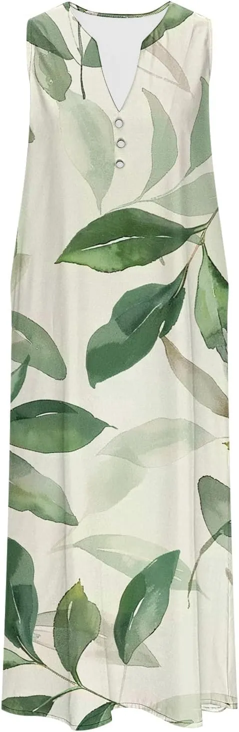 Maxi Dress for Women Plus Size Summer Floral Sleeveless V Neck Sundress Beach Vacation Long Tank Dress with Pockets