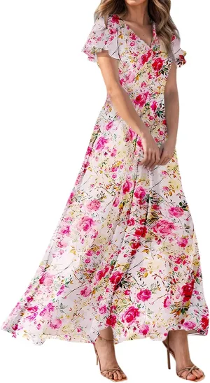 Maxi Dresses for Women 2025 Plus Size Chiffon Ruffle Flowy Swing Floral Dress Short Sleeve A Line Frocks
