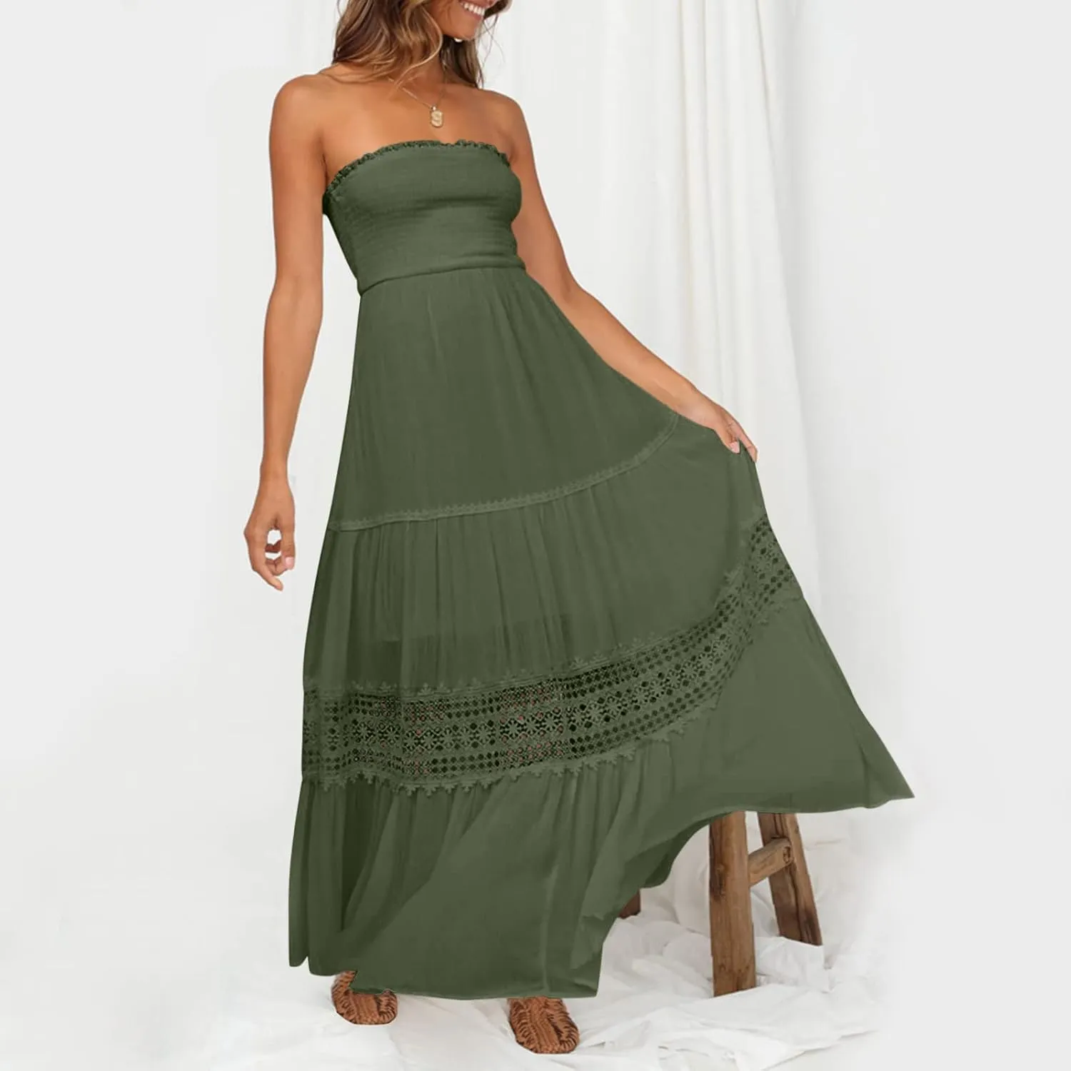 Maxi Dresses for Women Summer Bohemian Tube Strapless Sundress Off Shoulder Lace Trim Flowy A Line Beach Dress