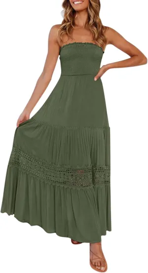 Maxi Dresses for Women Summer Bohemian Tube Strapless Sundress Off Shoulder Lace Trim Flowy A Line Beach Dress