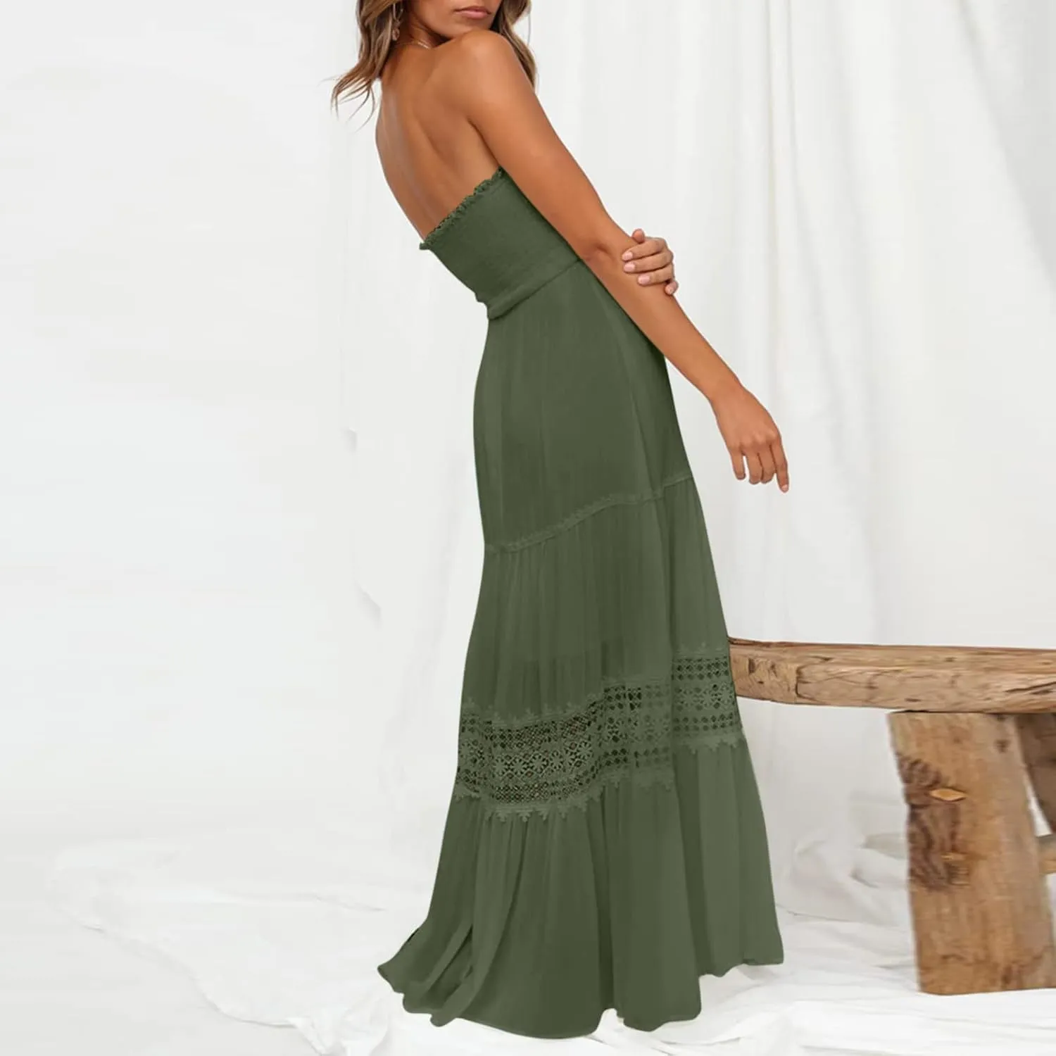 Maxi Dresses for Women Summer Bohemian Tube Strapless Sundress Off Shoulder Lace Trim Flowy A Line Beach Dress