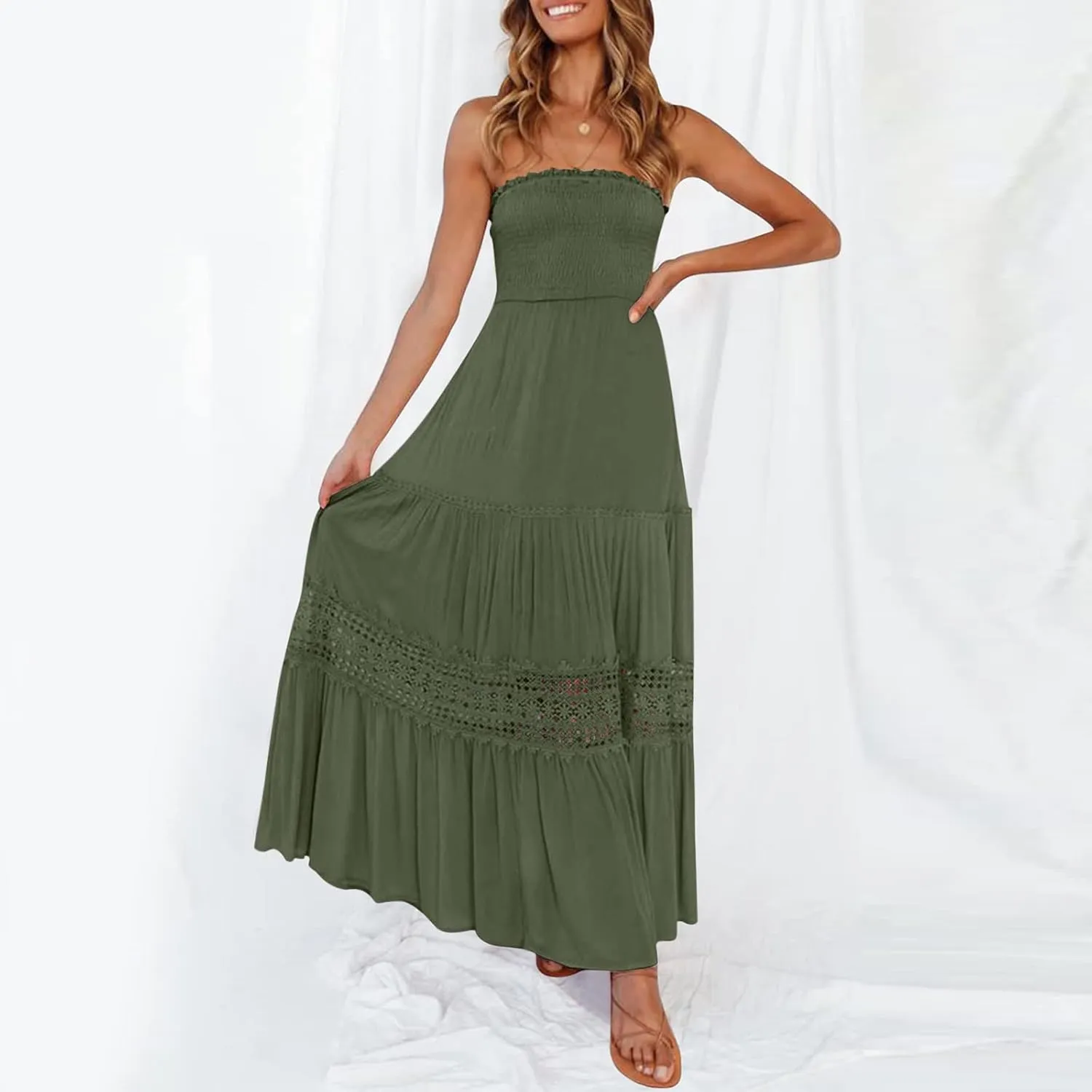 Maxi Dresses for Women Summer Bohemian Tube Strapless Sundress Off Shoulder Lace Trim Flowy A Line Beach Dress