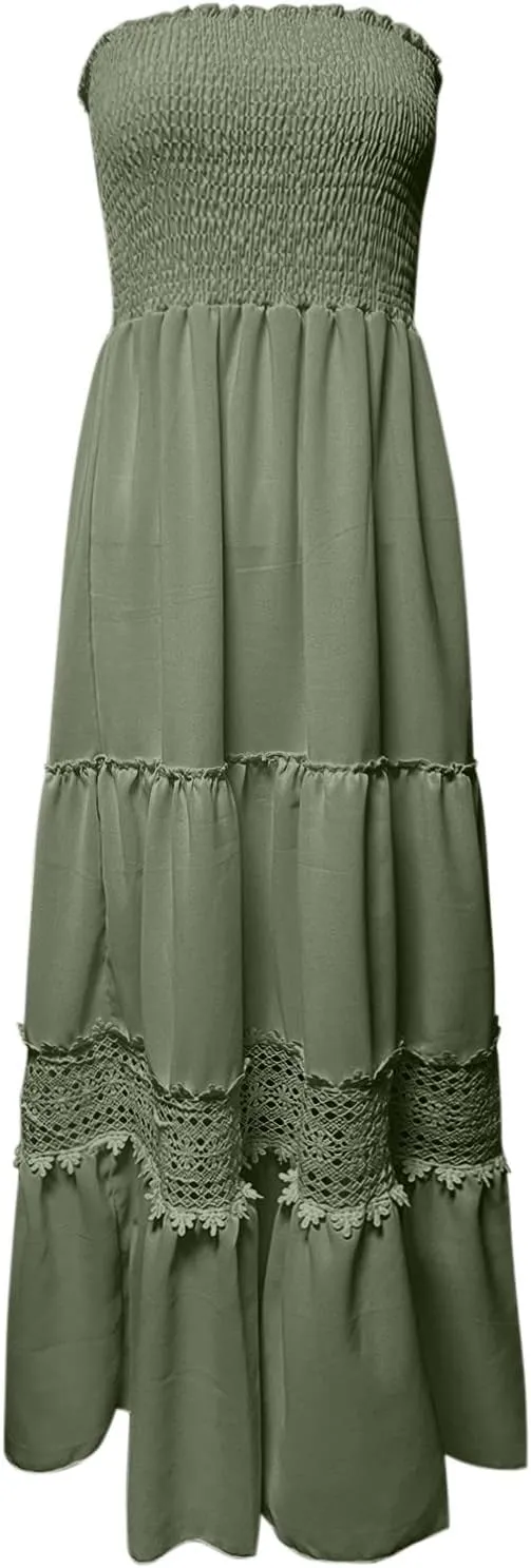 Maxi Dresses for Women Summer Bohemian Tube Strapless Sundress Off Shoulder Lace Trim Flowy A Line Beach Dress