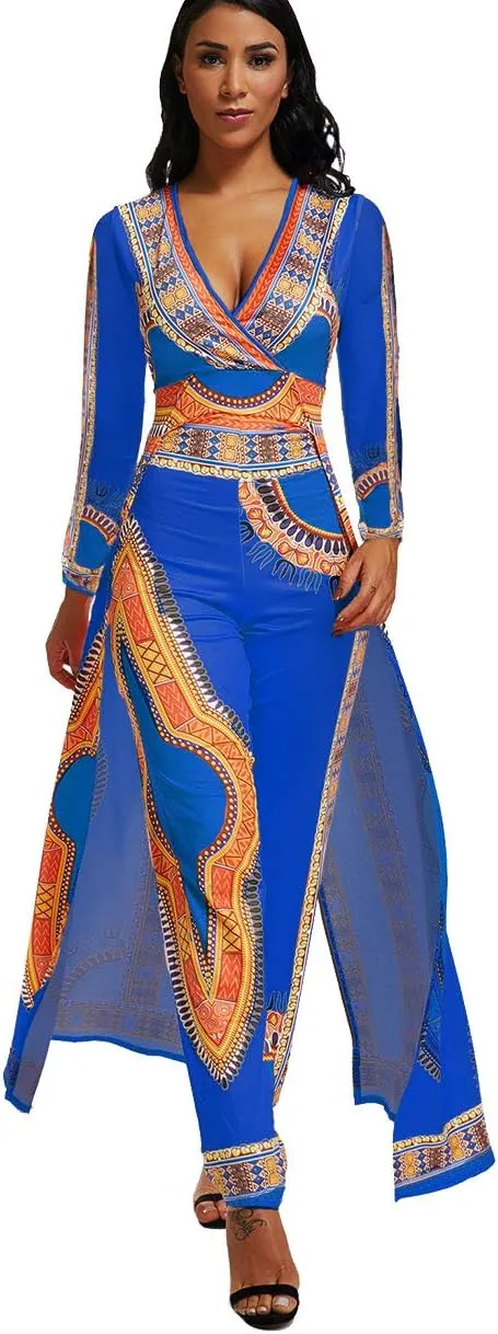 MENCCINO Jumpsuit for Women Elegant African Printed Skirts Overlay Long Romper Pants Suit