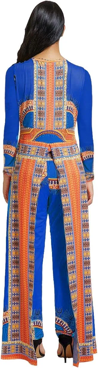 MENCCINO Jumpsuit for Women Elegant African Printed Skirts Overlay Long Romper Pants Suit