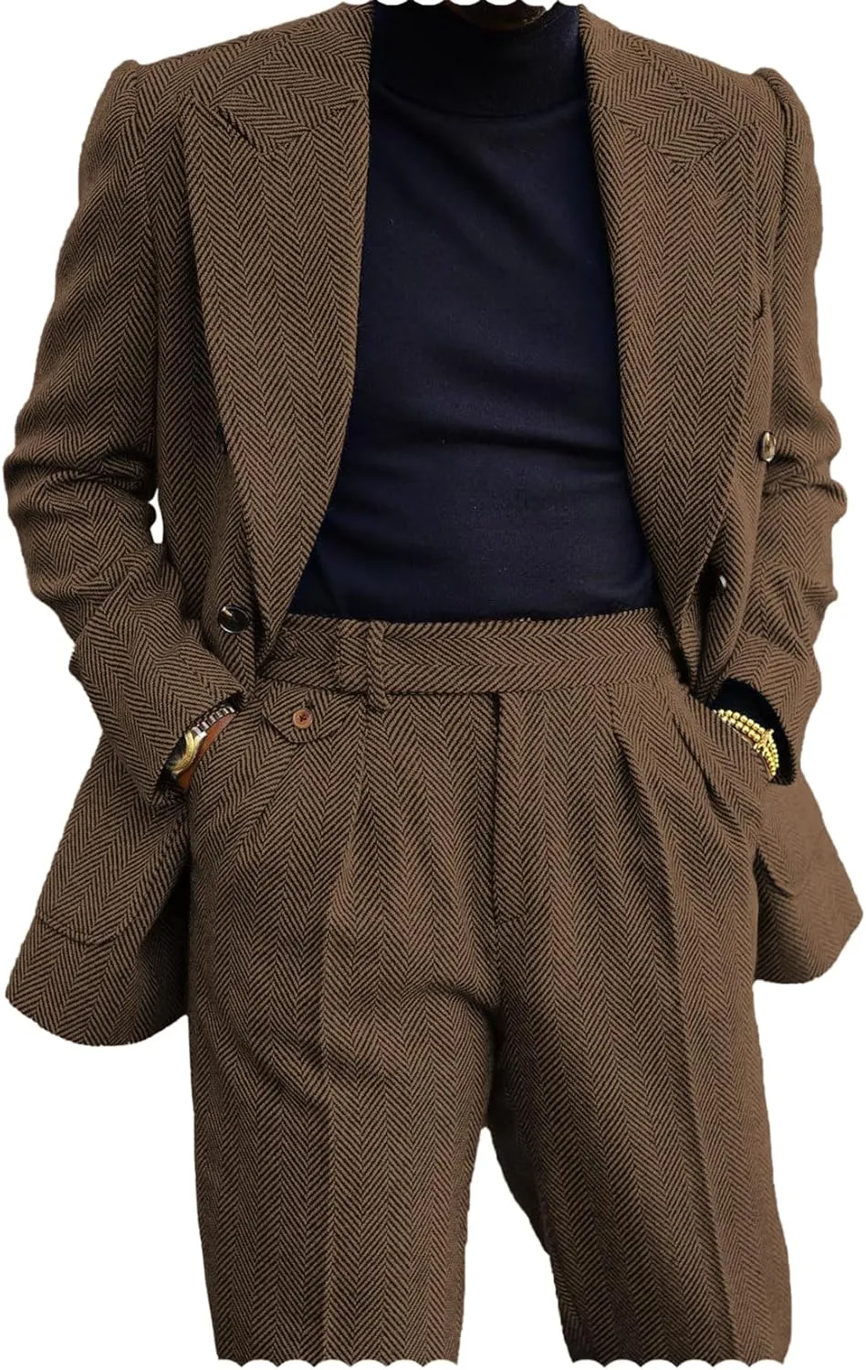 Men's 2 Piece Tweed Herringbone Suit Double-Breasted Tuxedo Party Wedding Blazer and Pants Set