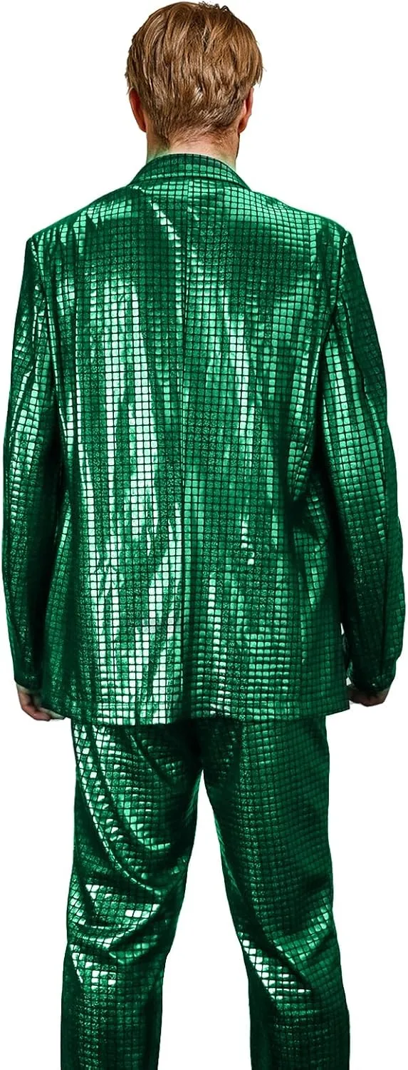 Mens 2 Pieces Disco Costume Jacket Pants Outfit Set Adult 70s Shiny Metallic Sequin Halloween Cosplay Party Suit