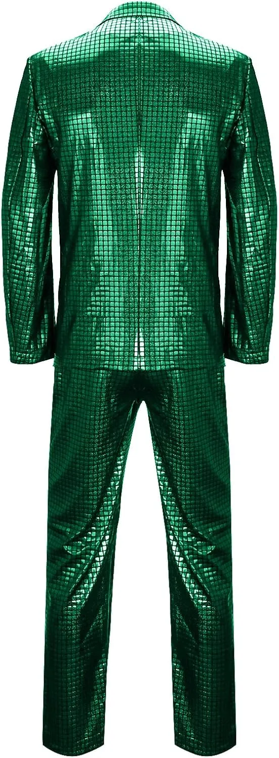 Mens 2 Pieces Disco Costume Jacket Pants Outfit Set Adult 70s Shiny Metallic Sequin Halloween Cosplay Party Suit