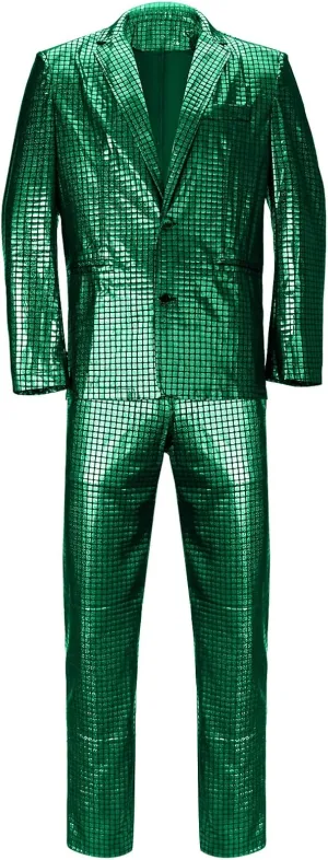 Mens 2 Pieces Disco Costume Jacket Pants Outfit Set Adult 70s Shiny Metallic Sequin Halloween Cosplay Party Suit