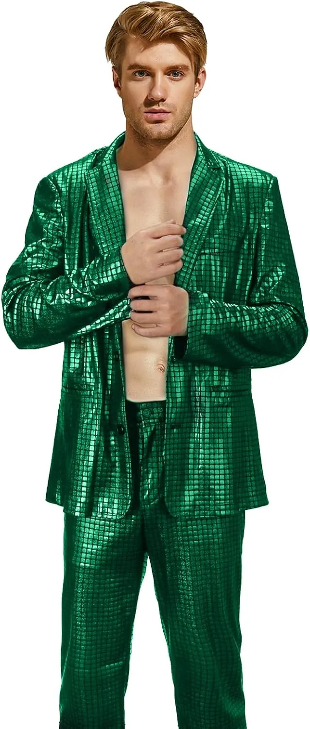 Mens 2 Pieces Disco Costume Jacket Pants Outfit Set Adult 70s Shiny Metallic Sequin Halloween Cosplay Party Suit