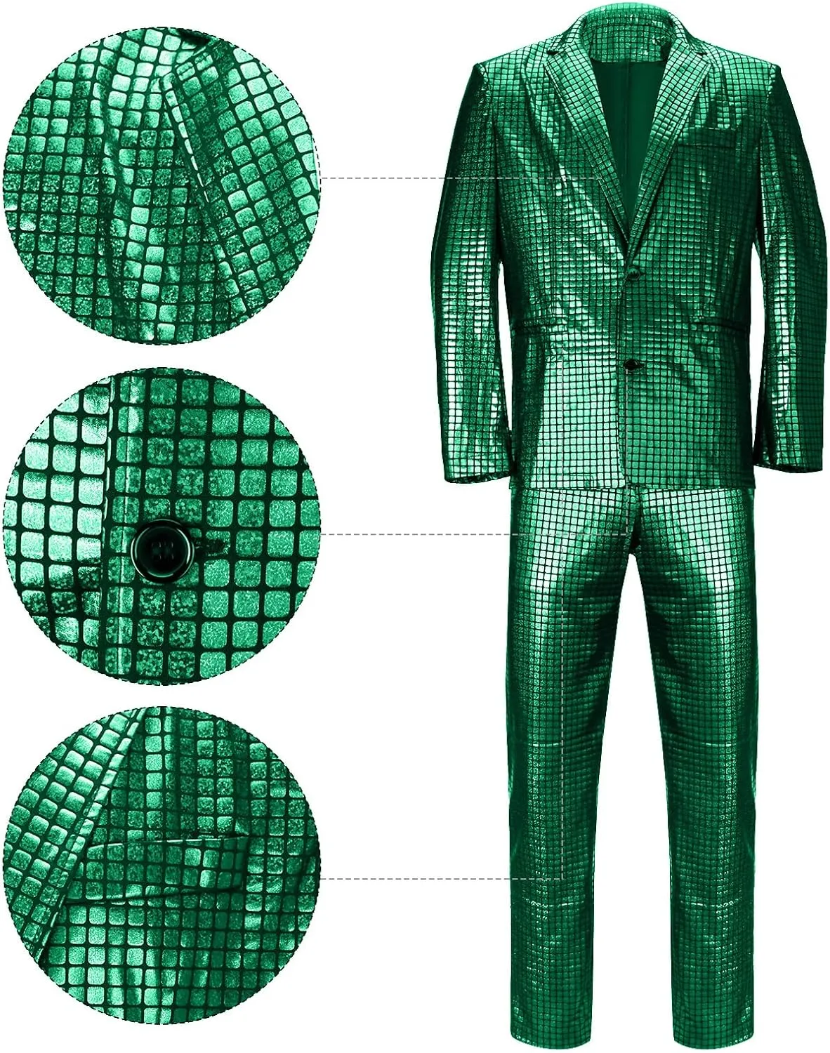 Mens 2 Pieces Disco Costume Jacket Pants Outfit Set Adult 70s Shiny Metallic Sequin Halloween Cosplay Party Suit