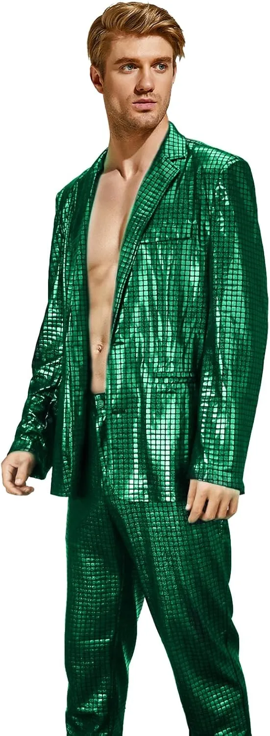 Mens 2 Pieces Disco Costume Jacket Pants Outfit Set Adult 70s Shiny Metallic Sequin Halloween Cosplay Party Suit