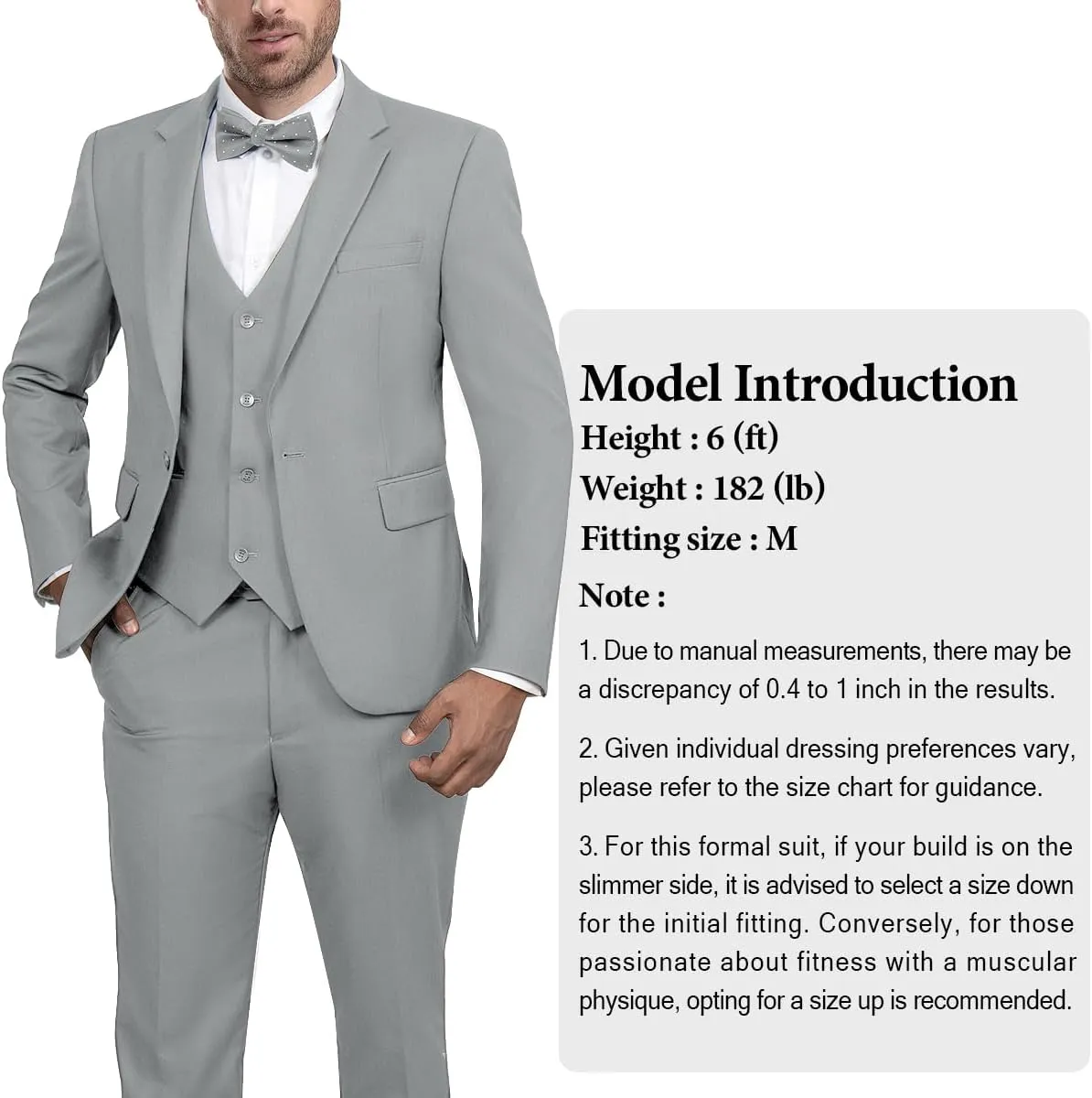 Men's 3-Piece Suit Slim Fit Suit Jacket Single Button Banquet Prom Wedding Suit Jacket Vest Pants and Bow Tie Set