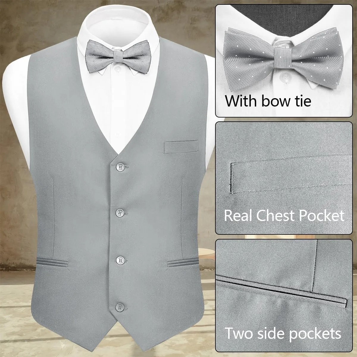 Men's 3-Piece Suit Slim Fit Suit Jacket Single Button Banquet Prom Wedding Suit Jacket Vest Pants and Bow Tie Set