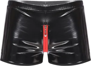 Mens Glossy Leather Zipper Button Openable Crotch Booty Shorts Pants Boxer Briefs Knickers Underwear