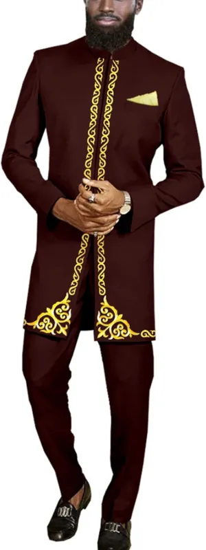 Men`s Suit African Clothes Embroidery Blazer and Pants 2 Piece Set Formal Outfits Dashiki Attire
