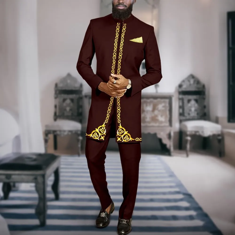 Men`s Suit African Clothes Embroidery Blazer and Pants 2 Piece Set Formal Outfits Dashiki Attire