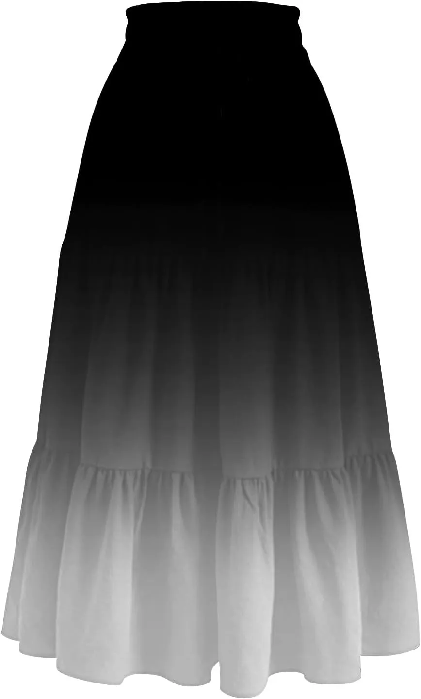 Midi Skirts for Women Elastic High Waist A Line Skirt Summer Ruched Tiered Ruffle Boho Beach Skirts with Pocket