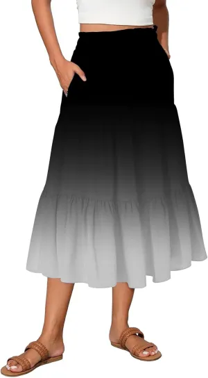 Midi Skirts for Women Elastic High Waist A Line Skirt Summer Ruched Tiered Ruffle Boho Beach Skirts with Pocket