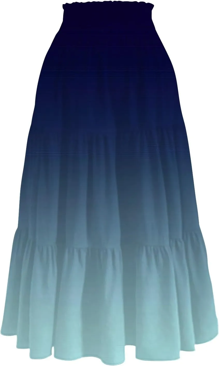 Midi Skirts for Women Elastic High Waist A Line Skirt Summer Ruched Tiered Ruffle Boho Beach Skirts with Pocket