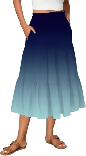 Midi Skirts for Women Elastic High Waist A Line Skirt Summer Ruched Tiered Ruffle Boho Beach Skirts with Pocket