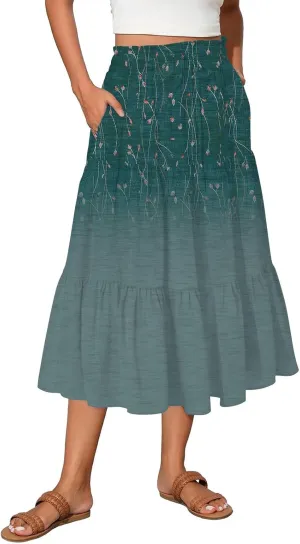 Midi Skirts for Women Elastic High Waist A Line Skirt Summer Ruched Tiered Ruffle Boho Beach Skirts with Pocket
