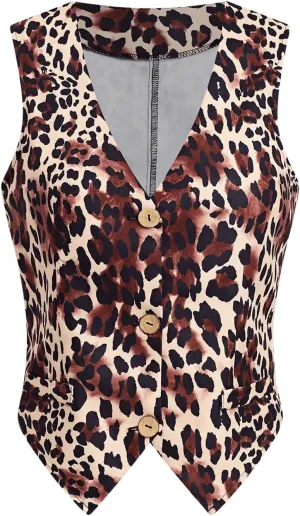 Milumia Women's Leopard Print Blazer Vest V Neck Sleeveless Button Down Jacket